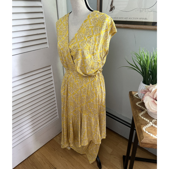 MAEVE ANTHROPOLOGIE Dress Medium Yellow Fete Midi Faux Wrap Feminine Casual - Picture 2 of 12